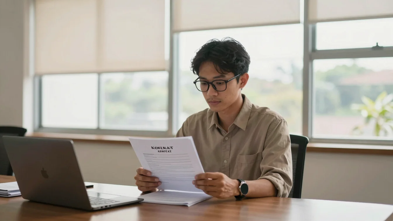Meja kerja advokat dengan dokumen kontrak tanpa keterangan identi