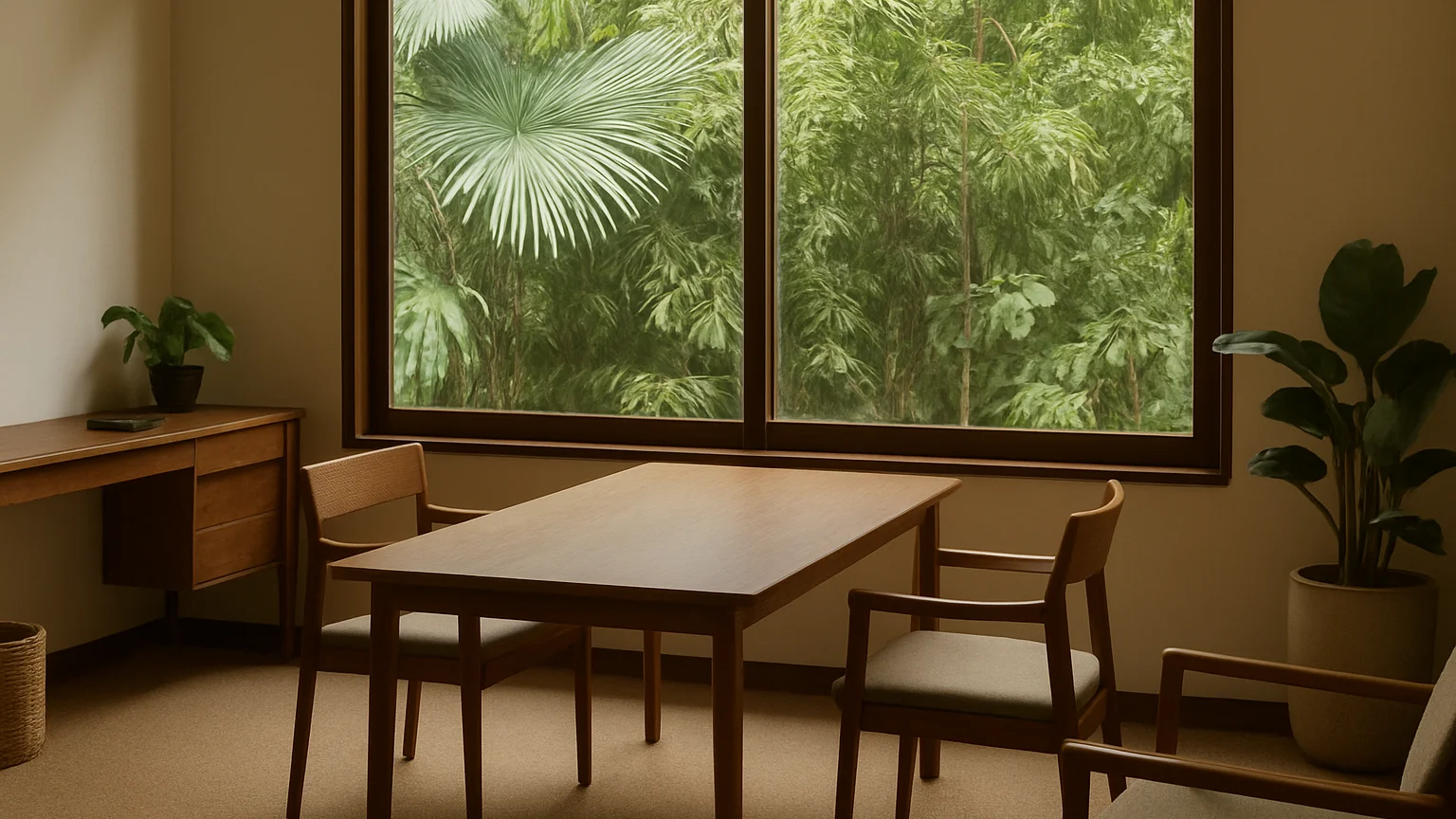 Ruang konsultasi kantor urban Indonesia yang tenang, kursi dan me